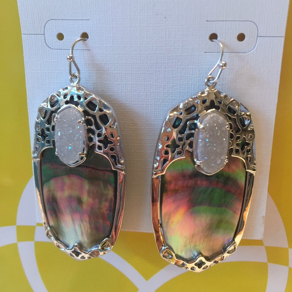 NWT Kendra Scott Deva Earrings Black Pearl Iridescent Drusy & Silver SUPER RARE